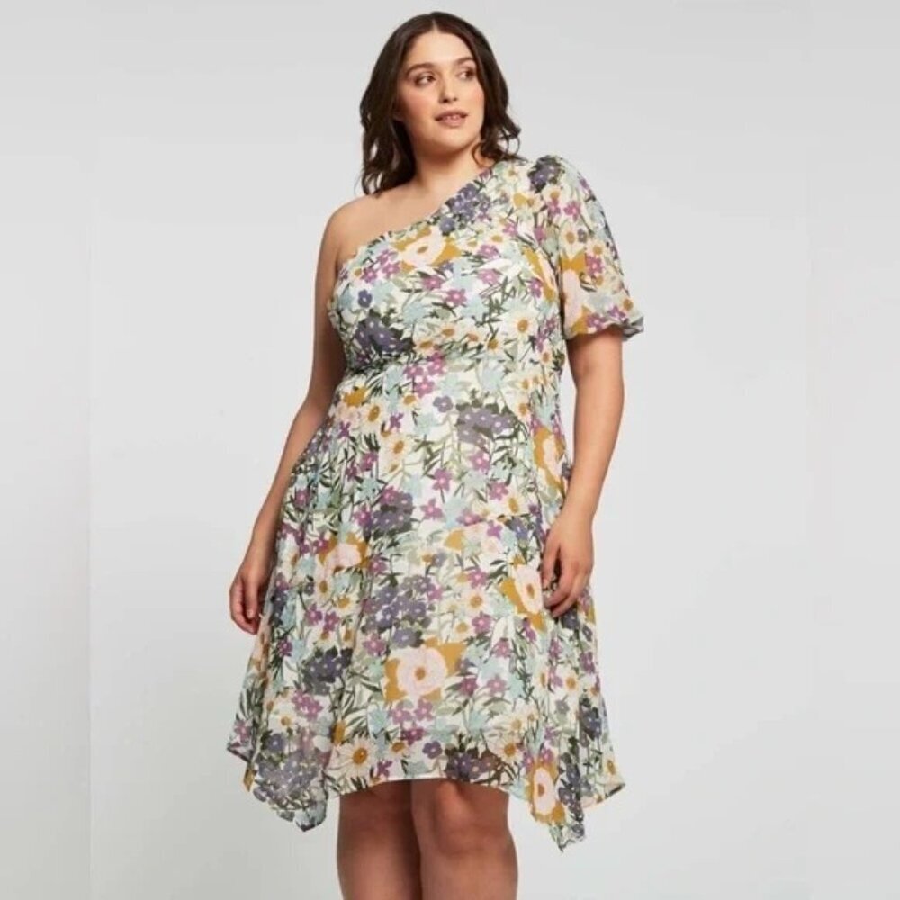 ESTELLE Women's 3X Wildbloom Midi Dress Floral One shoulder Short Puff Sleeves